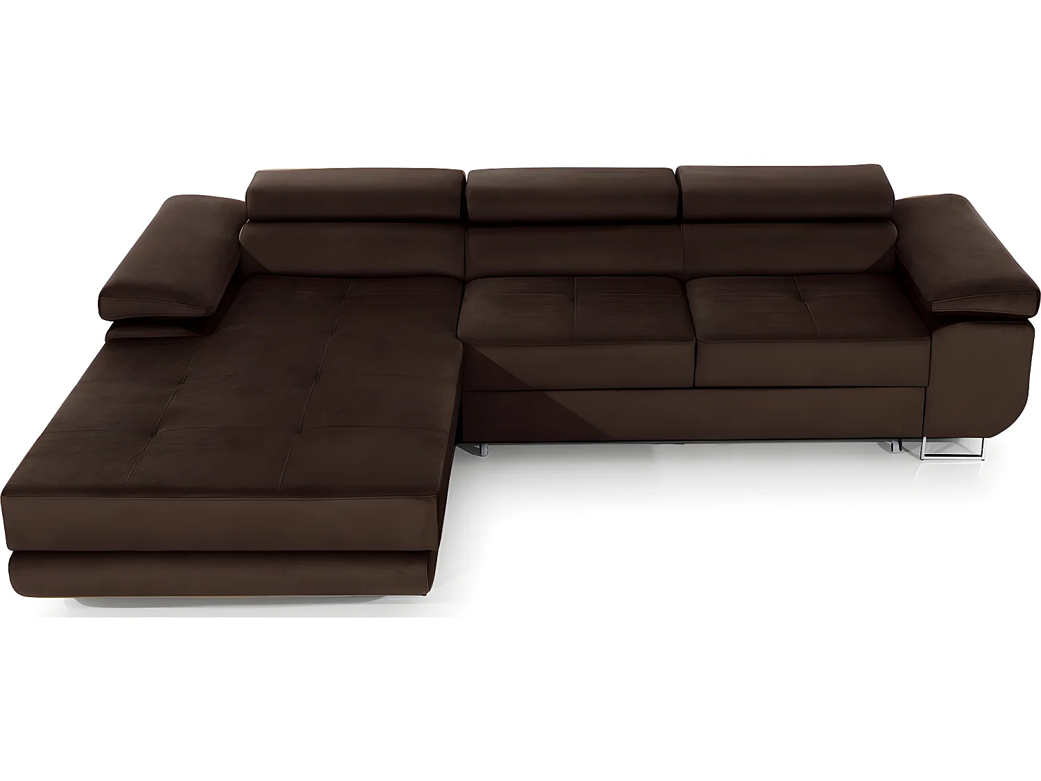 Canapé d'angle convertible ARMEL en tissu velours luxe 5 places, couleur chocolat, avec coffre, angle gauche (vu de face)
