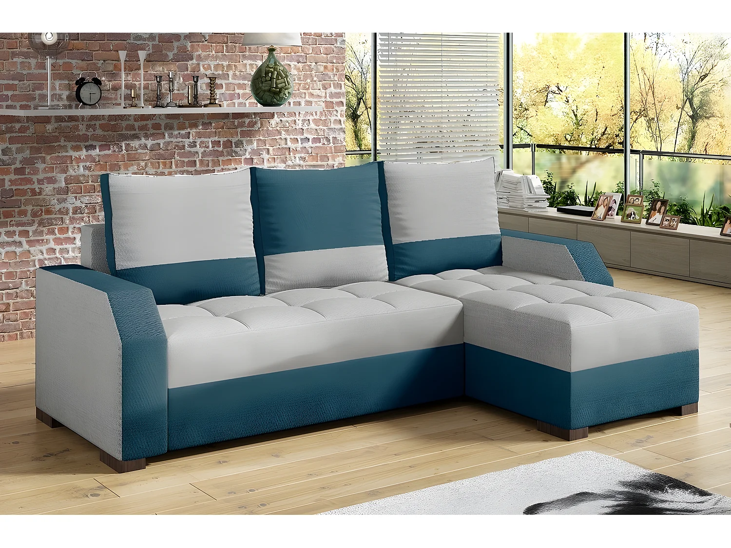 Canapé d'angle convertible, ARTE. En tissu de qualité - gris et turquoise, 3/4 places, angle droit (vu de face)