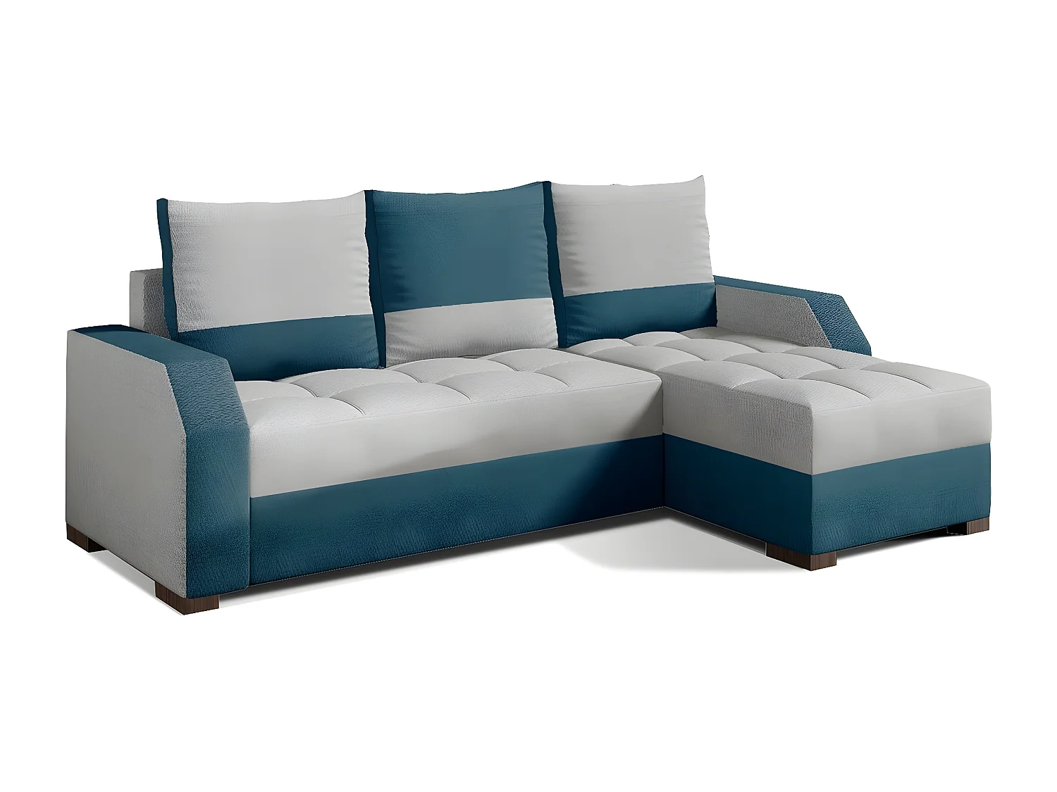 Canapé d'angle convertible, ARTE. En tissu de qualité - gris et turquoise, 3/4 places, angle droit (vu de face)