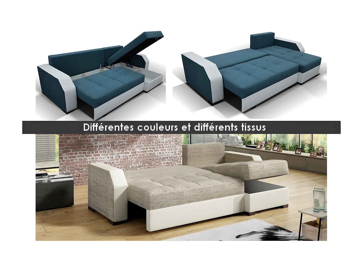 Canapé d'angle convertible, ARTE. En tissu de qualité - gris et turquoise, 3/4 places, angle droit (vu de face)