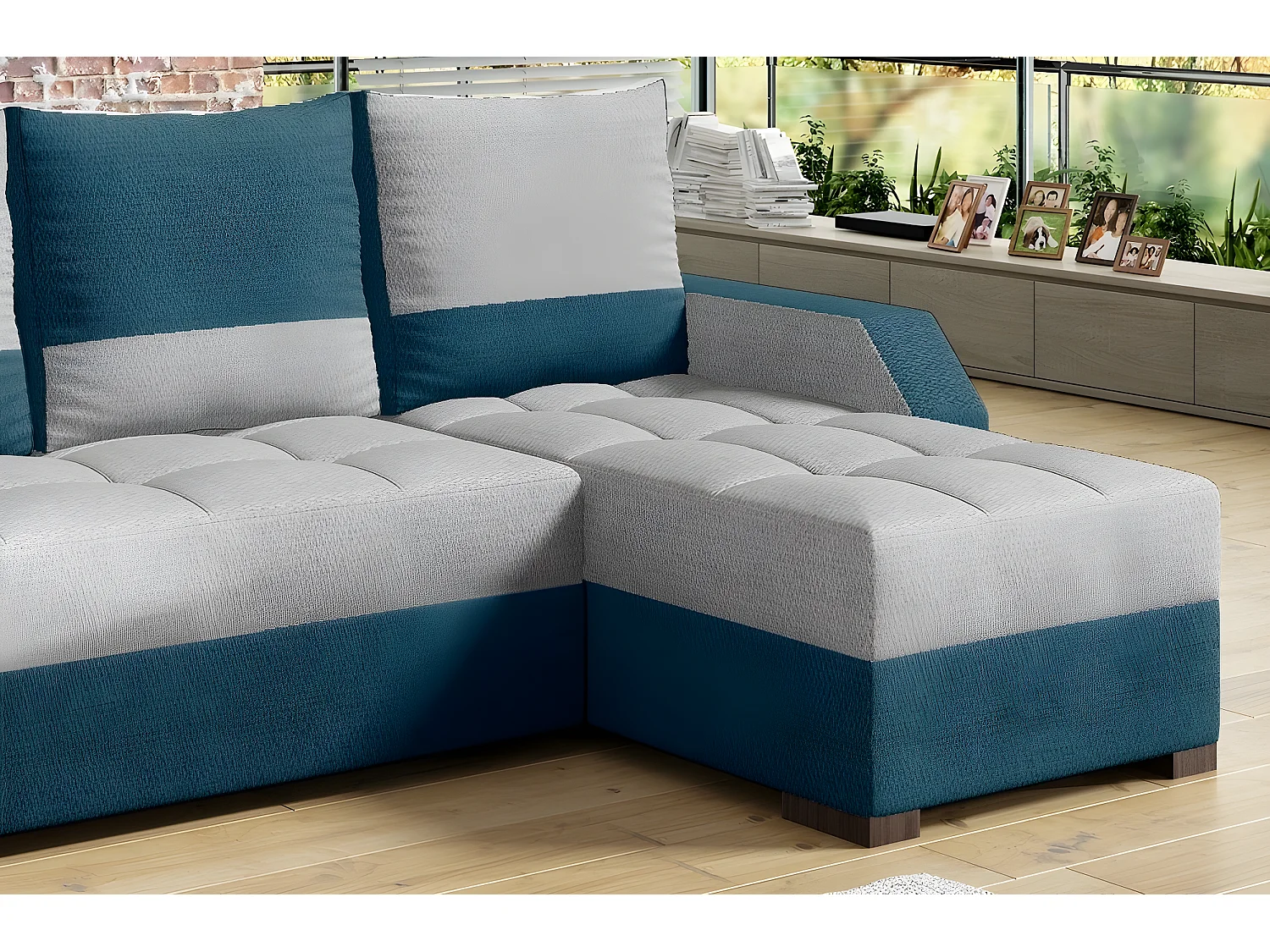 Canapé d'angle convertible, ARTE. En tissu de qualité - gris et turquoise, 3/4 places, angle droit (vu de face)