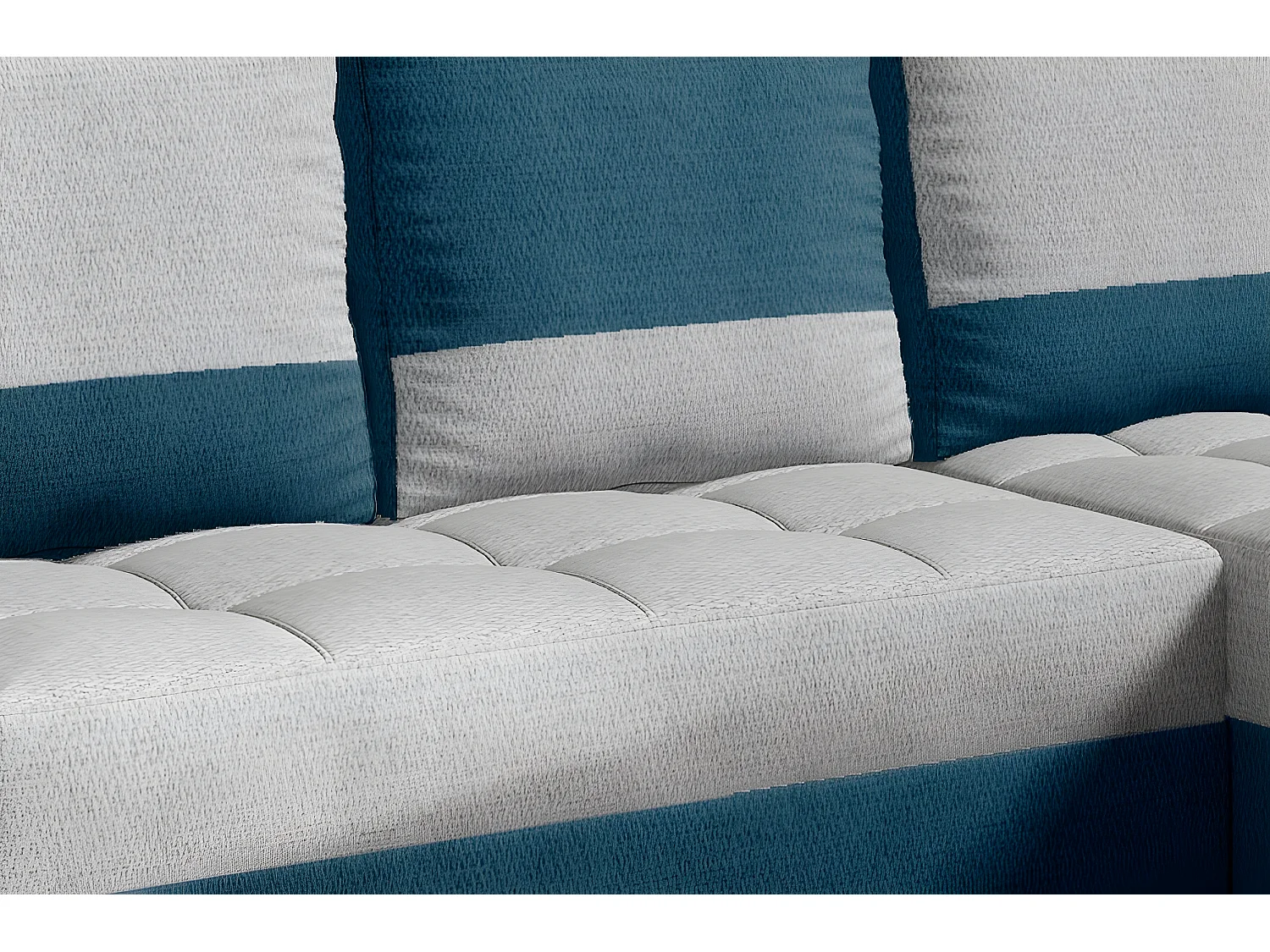 Canapé d'angle convertible, ARTE. En tissu de qualité - gris et turquoise, 3/4 places, angle droit (vu de face)