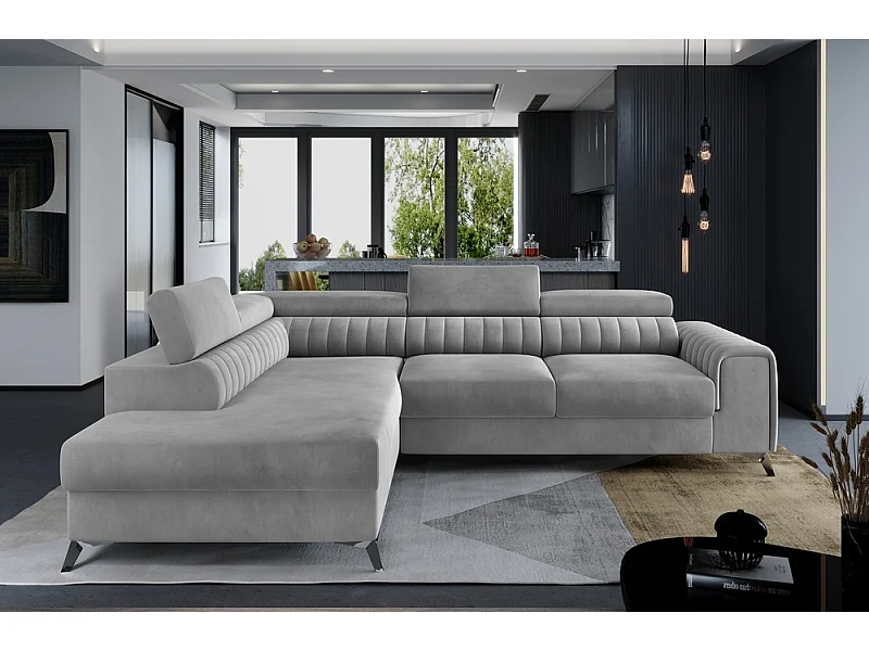 Canapé d'angle convertible en tissu Luxe gris avec rangement - LARRY VELOURS