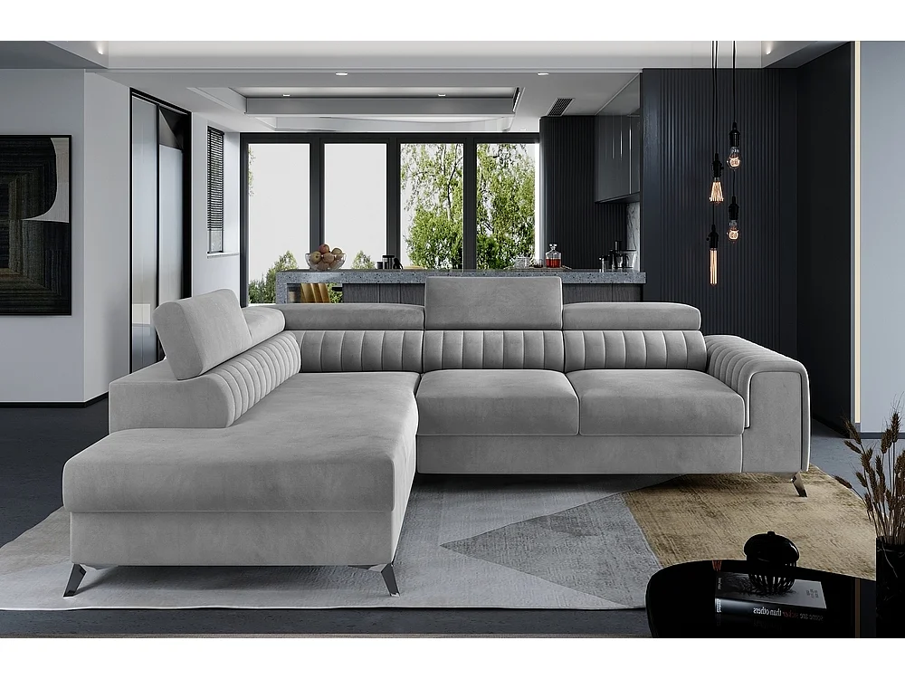 Canapé d'angle convertible en tissu Luxe gris avec rangement - LARRY VELOURS