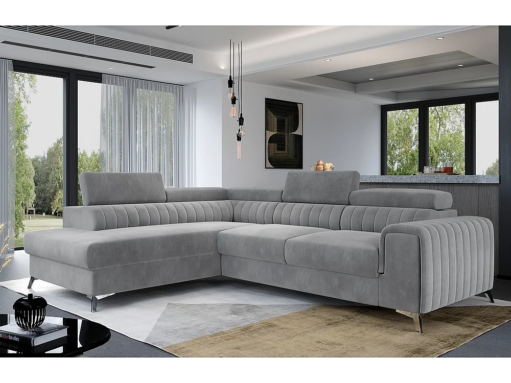 Canapé d'angle convertible en tissu Luxe gris avec rangement - LARRY VELOURS