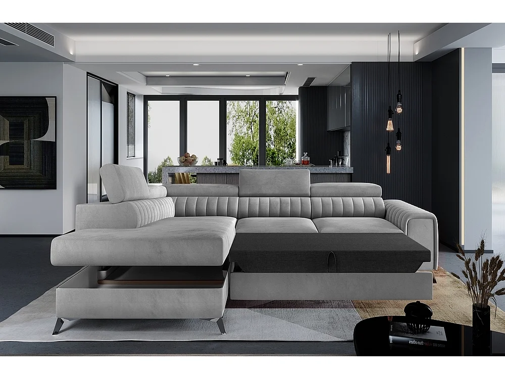 Canapé d'angle convertible en tissu Luxe gris avec rangement - LARRY VELOURS