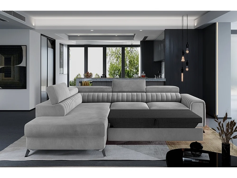 Canapé d'angle convertible en tissu Luxe gris avec rangement - LARRY VELOURS