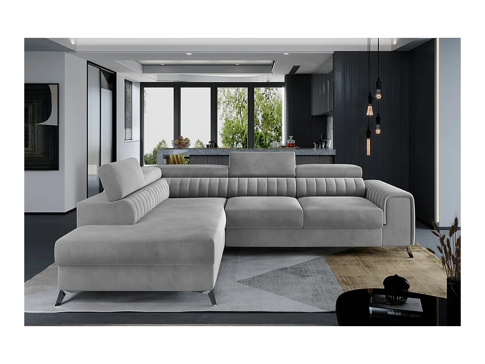 Canapé d'angle convertible en tissu Luxe gris avec rangement - LARRY VELOURS