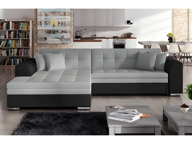 Canapé d'angle convertible en tissu gris foncé et simili noir de qualité, 5 places, angle gauche (vu de face) - SOHO