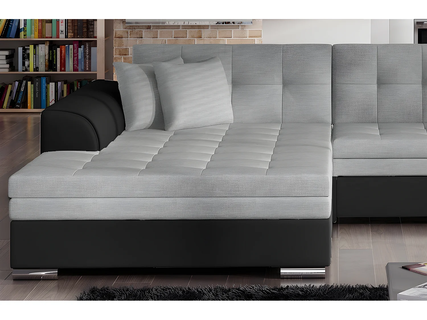 Canapé d'angle convertible en tissu gris foncé et simili noir de qualité, 5 places, angle gauche (vu de face) - SOHO