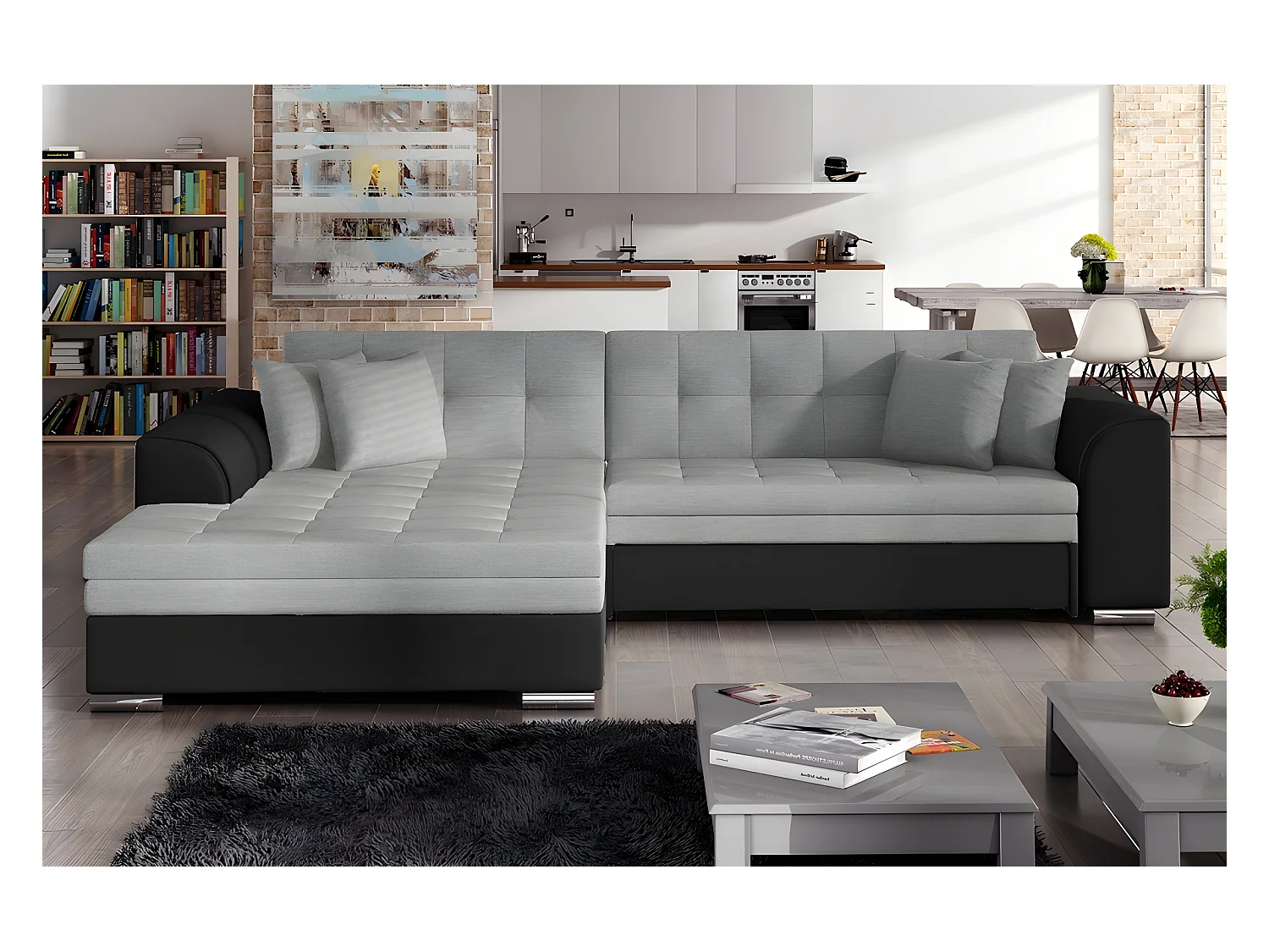 Canapé d'angle convertible en tissu gris foncé et simili noir de qualité, 5 places, angle gauche (vu de face) - SOHO