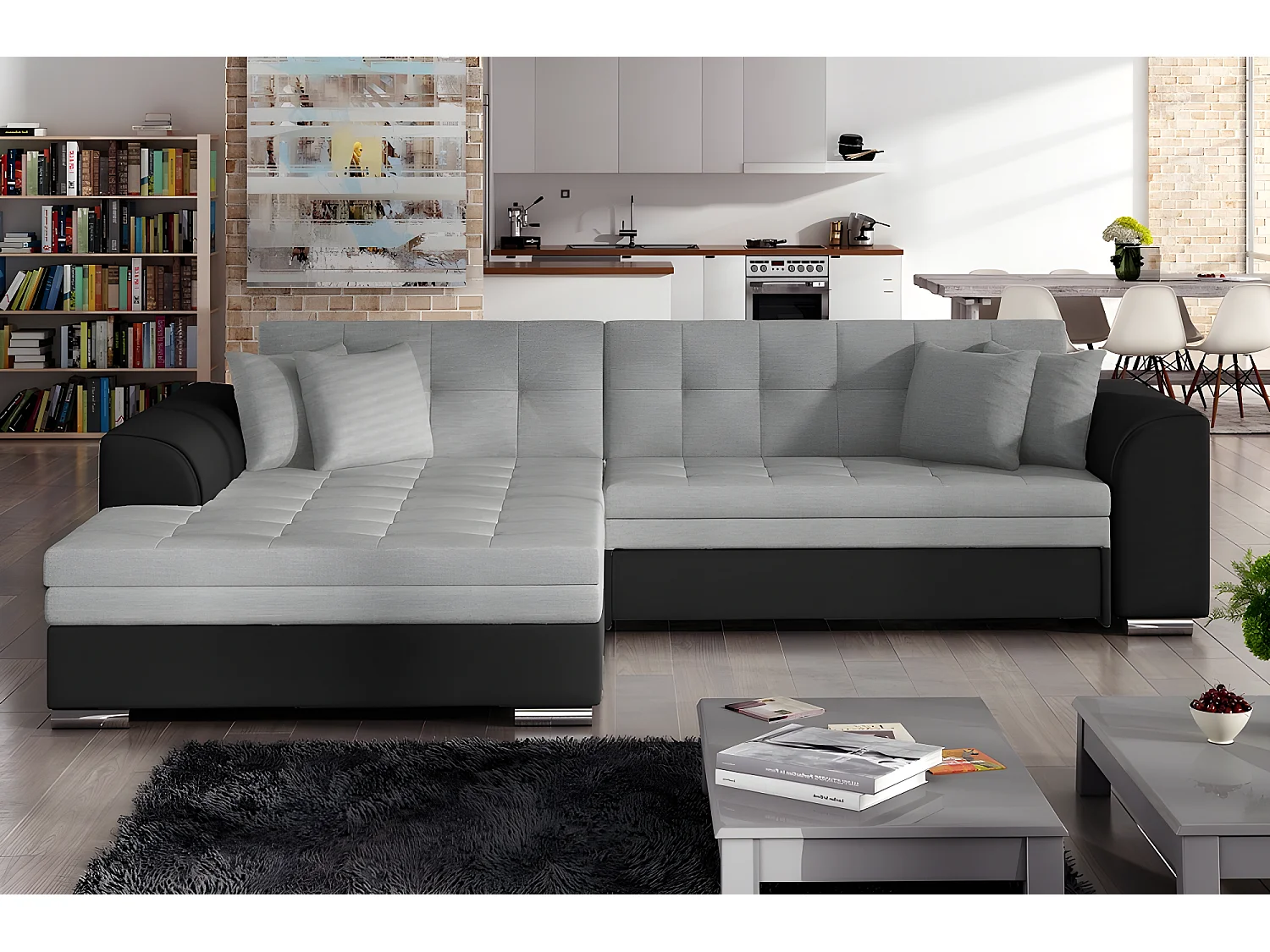 Canapé d'angle convertible en tissu gris foncé et simili noir de qualité, 5 places, angle gauche (vu de face) - SOHO