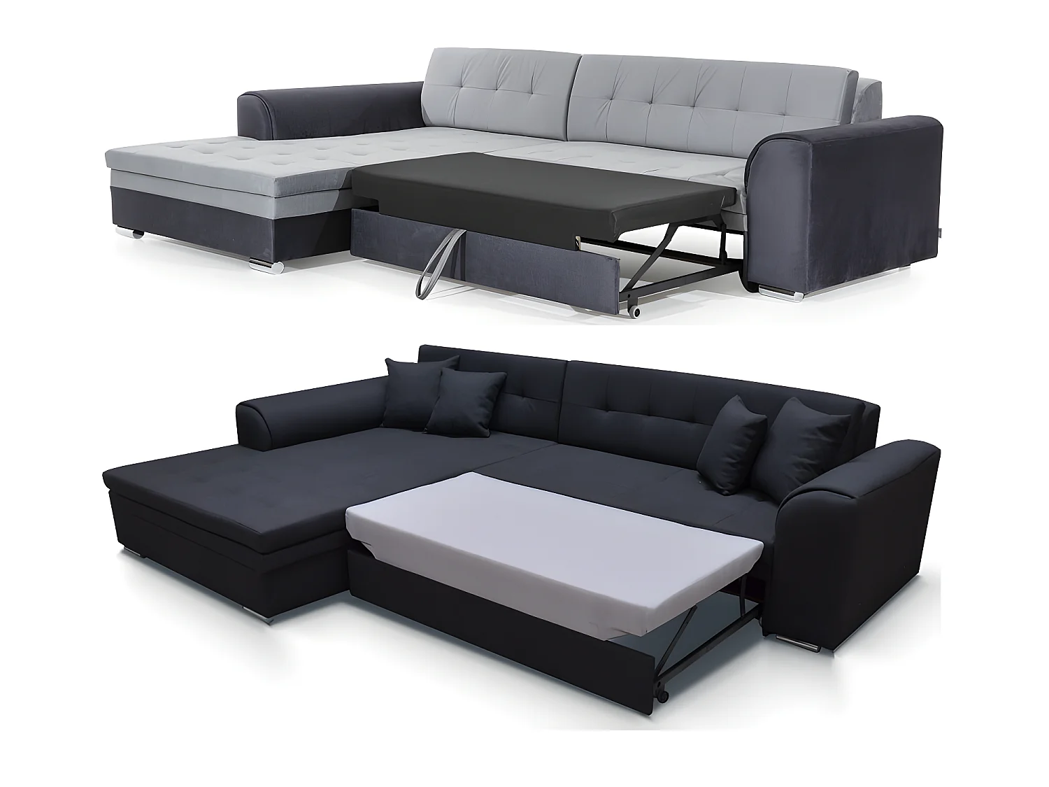 Canapé d'angle convertible en tissu gris foncé et simili noir de qualité, 5 places, angle gauche (vu de face) - SOHO