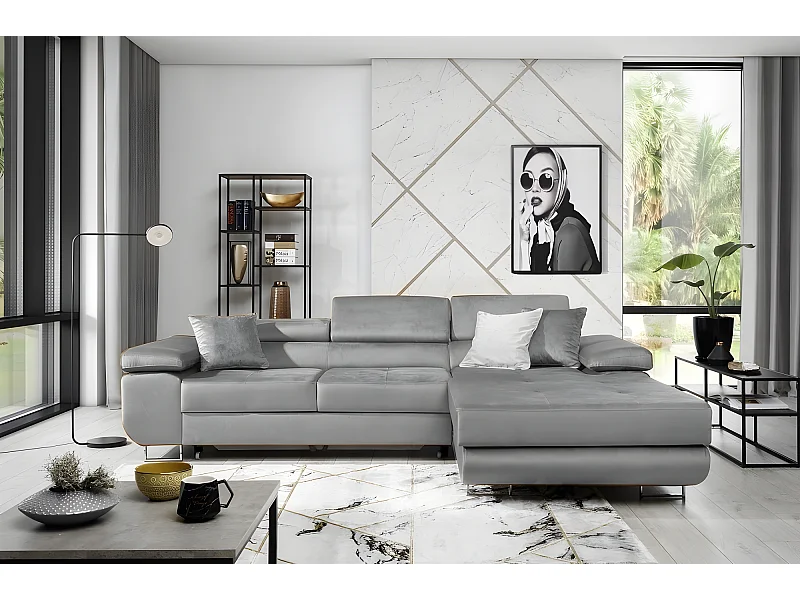 Canapé d'angle convertible ARMEL en tissu velours luxe 5 places, couleur gris, avec coffre, angle droit (vu de face)