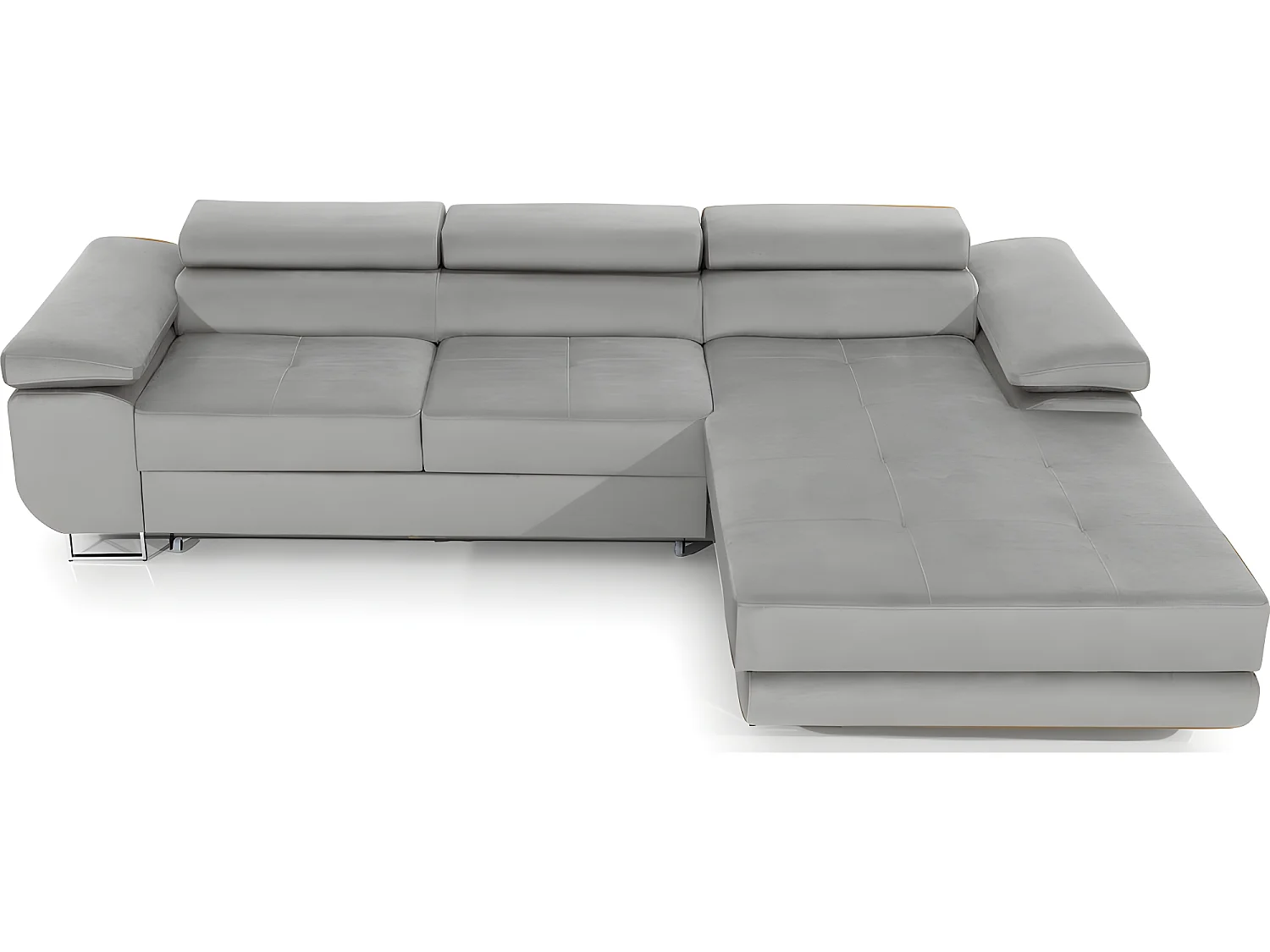 Canapé d'angle convertible ARMEL en tissu velours luxe 5 places, couleur gris, avec coffre, angle droit (vu de face)