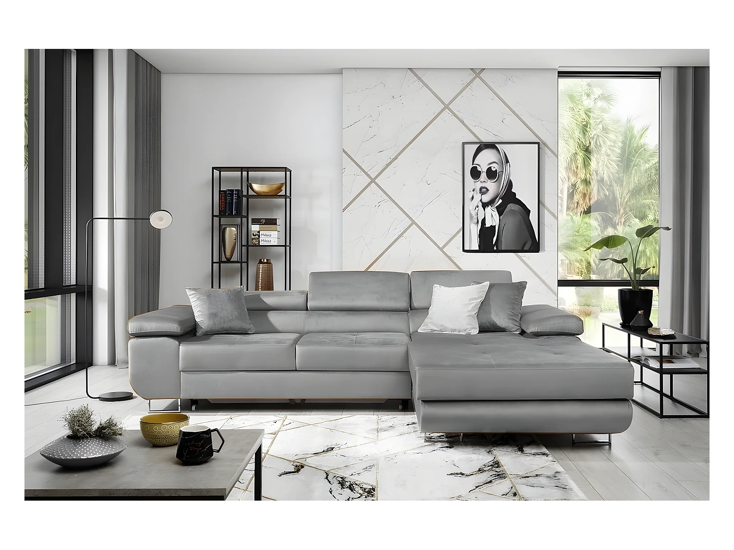 Canapé d'angle convertible ARMEL en tissu velours luxe 5 places, couleur gris, avec coffre, angle droit (vu de face)