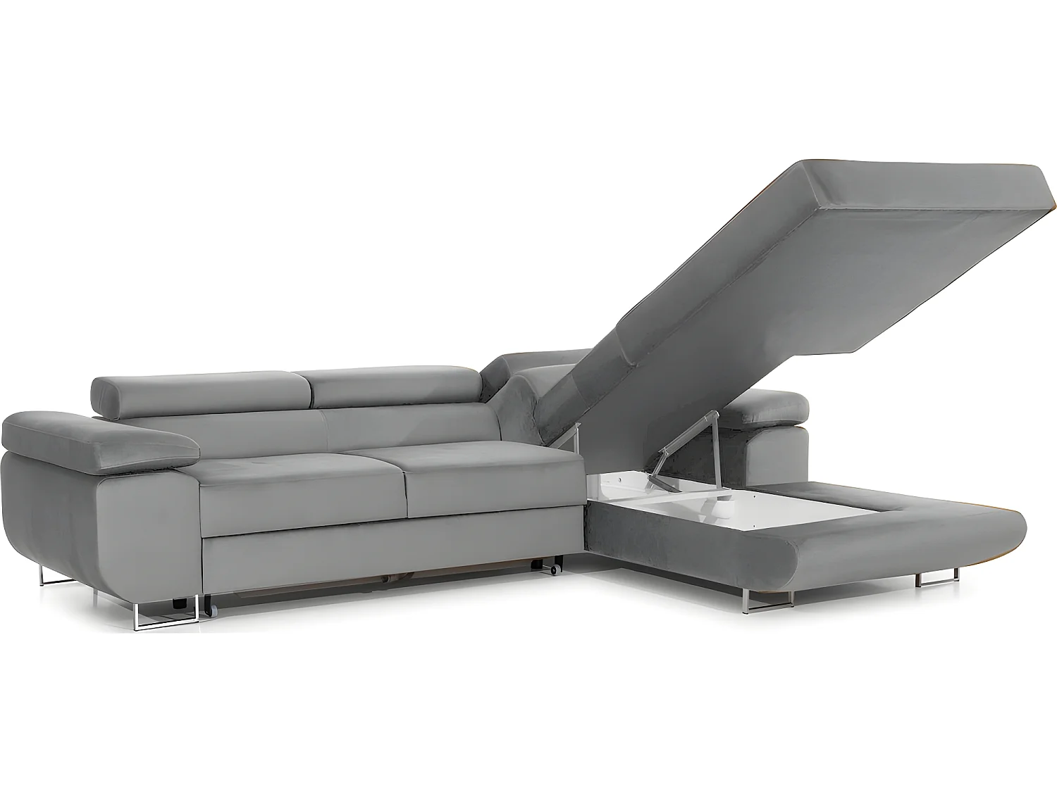 Canapé d'angle convertible ARMEL en tissu velours luxe 5 places, couleur gris, avec coffre, angle droit (vu de face)