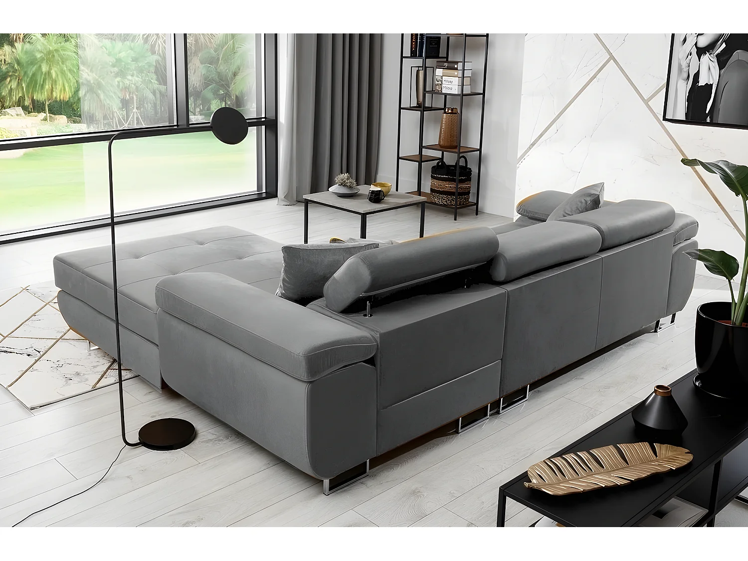 Canapé d'angle convertible ARMEL en tissu velours luxe 5 places, couleur gris, avec coffre, angle droit (vu de face)