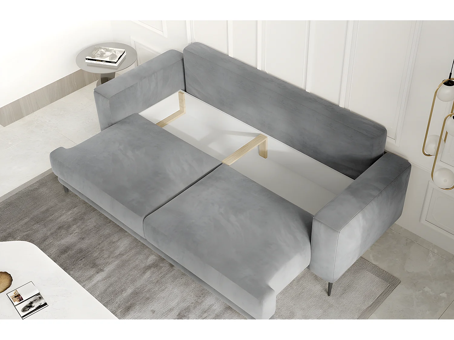 Canapé 3/4 places convertible et espace de rangement - bleu - en tissu de qualité, DANY