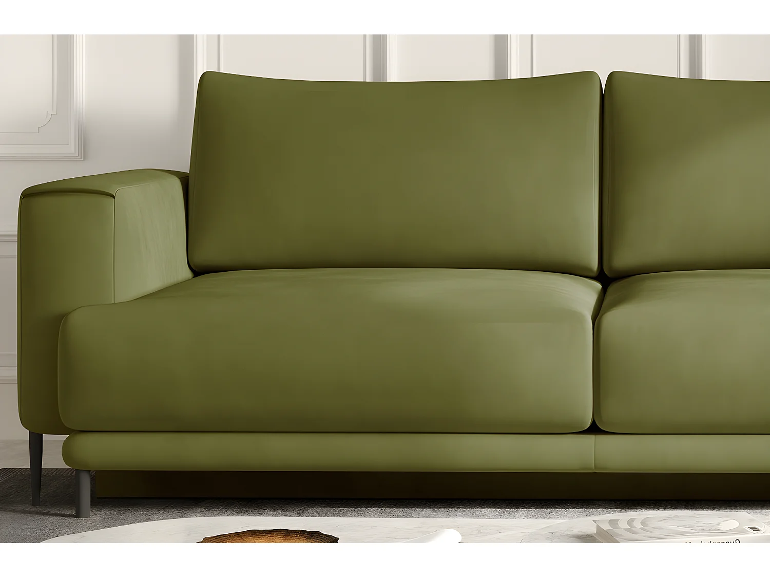 Canapé 3/4 places convertible et espace de rangement - vert olive - en tissu de qualité, DANY