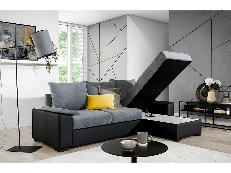 Canapé d'angle convertible, en tissu gris et simili noir, angle droit (vu de face) - LUCAS