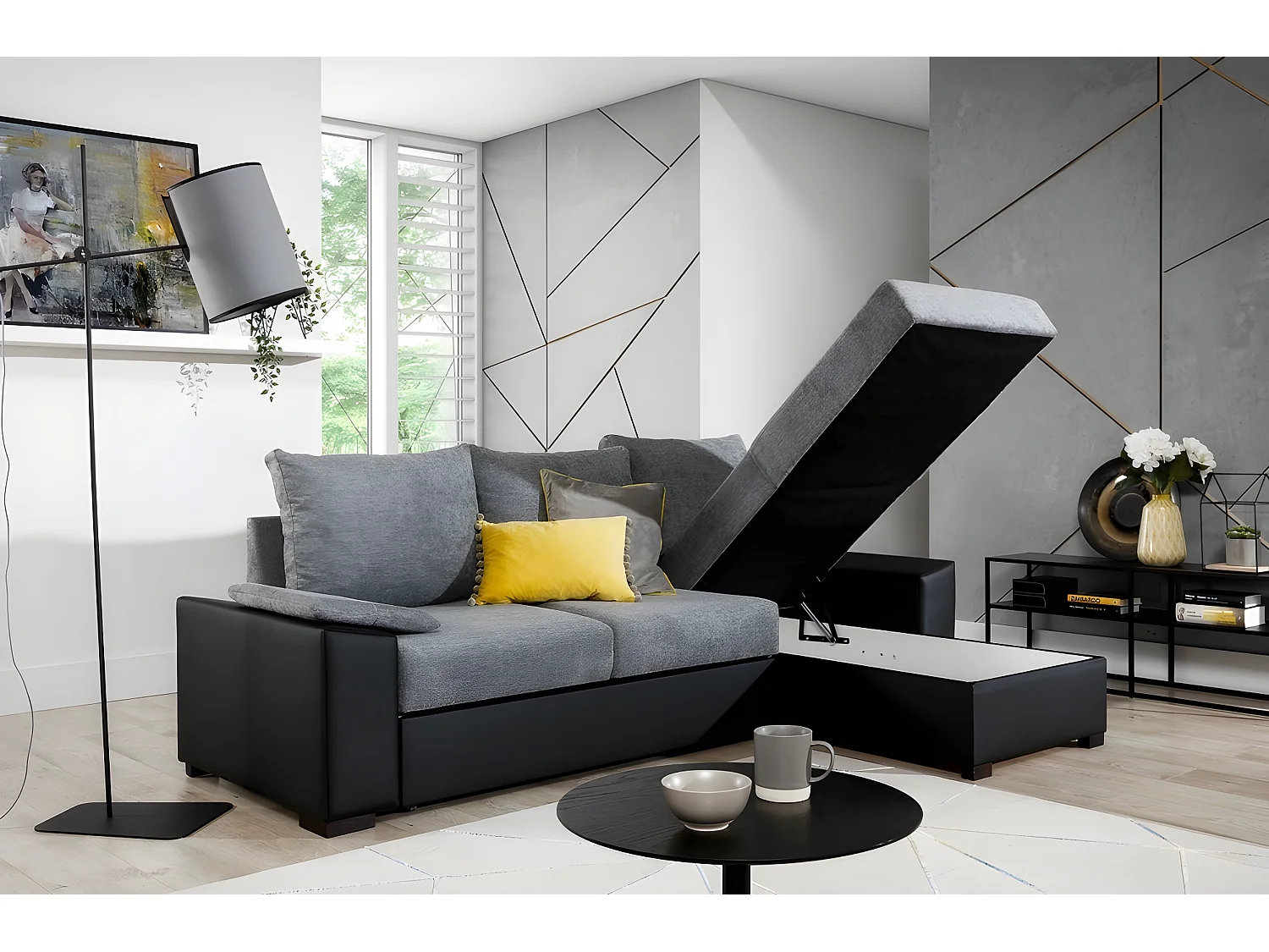 Canapé d'angle convertible, en tissu gris et simili noir, angle droit (vu de face) - LUCAS