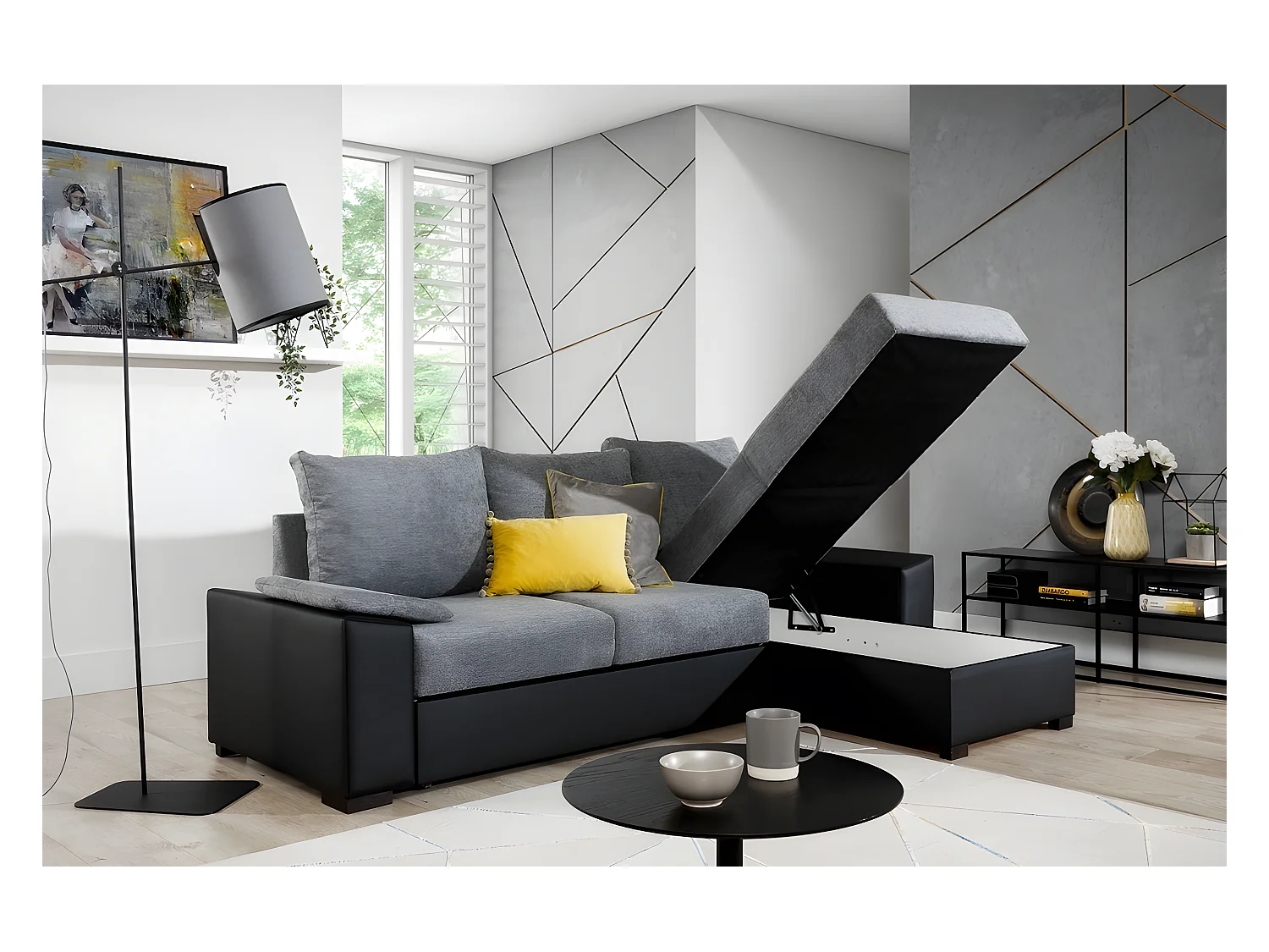Canapé d'angle convertible, en tissu gris et simili noir, angle droit (vu de face) - LUCAS