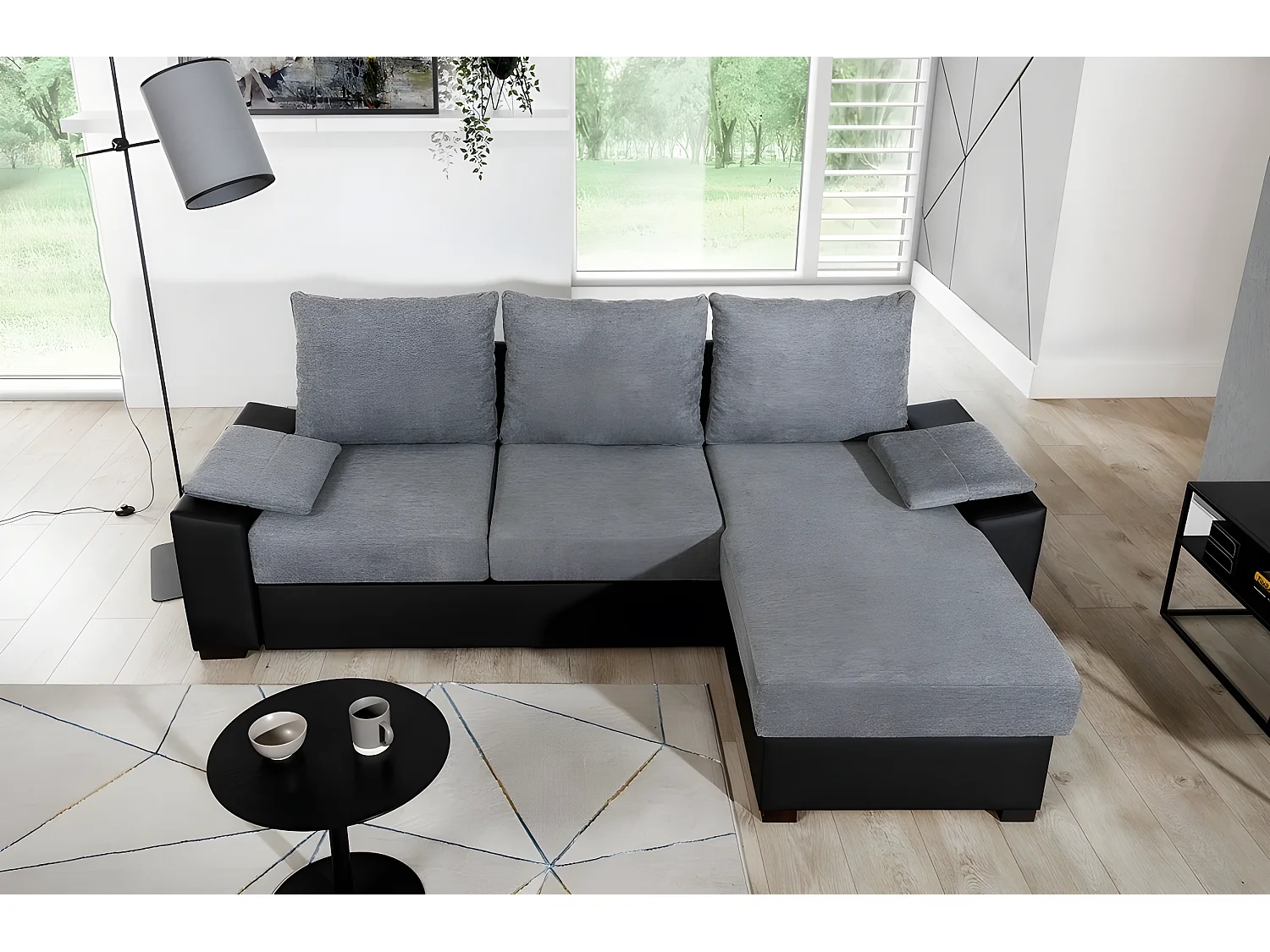 Canapé d'angle convertible, en tissu gris et simili noir, angle droit (vu de face) - LUCAS