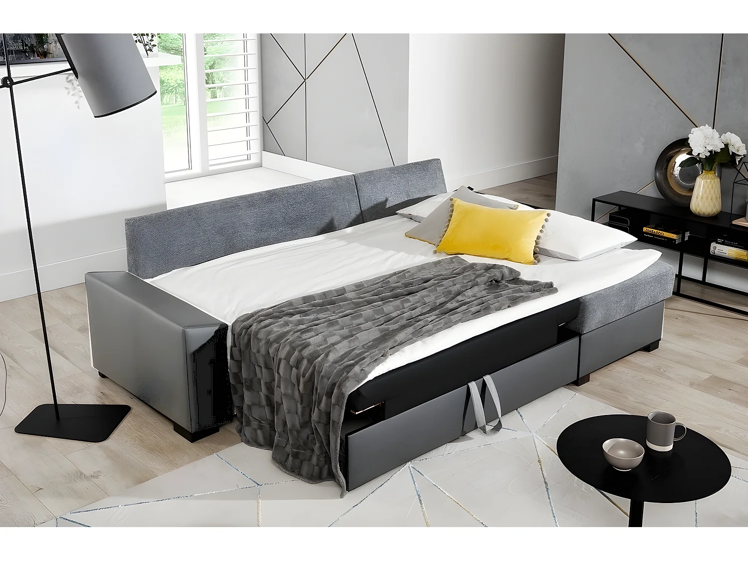 Canapé d'angle convertible, en tissu gris et simili noir, angle droit (vu de face) - LUCAS