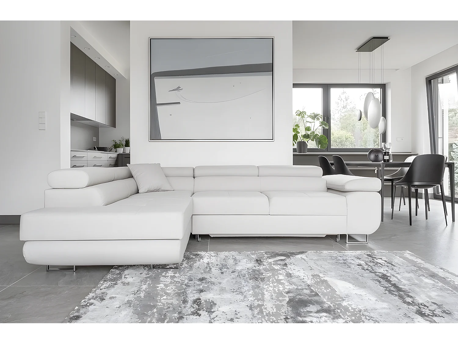 Canapé d'angle convertible en tissu luxe 5 places, avec coffre, blanc, angle gauche (vu de face), ANNECY VELOURS Luxe