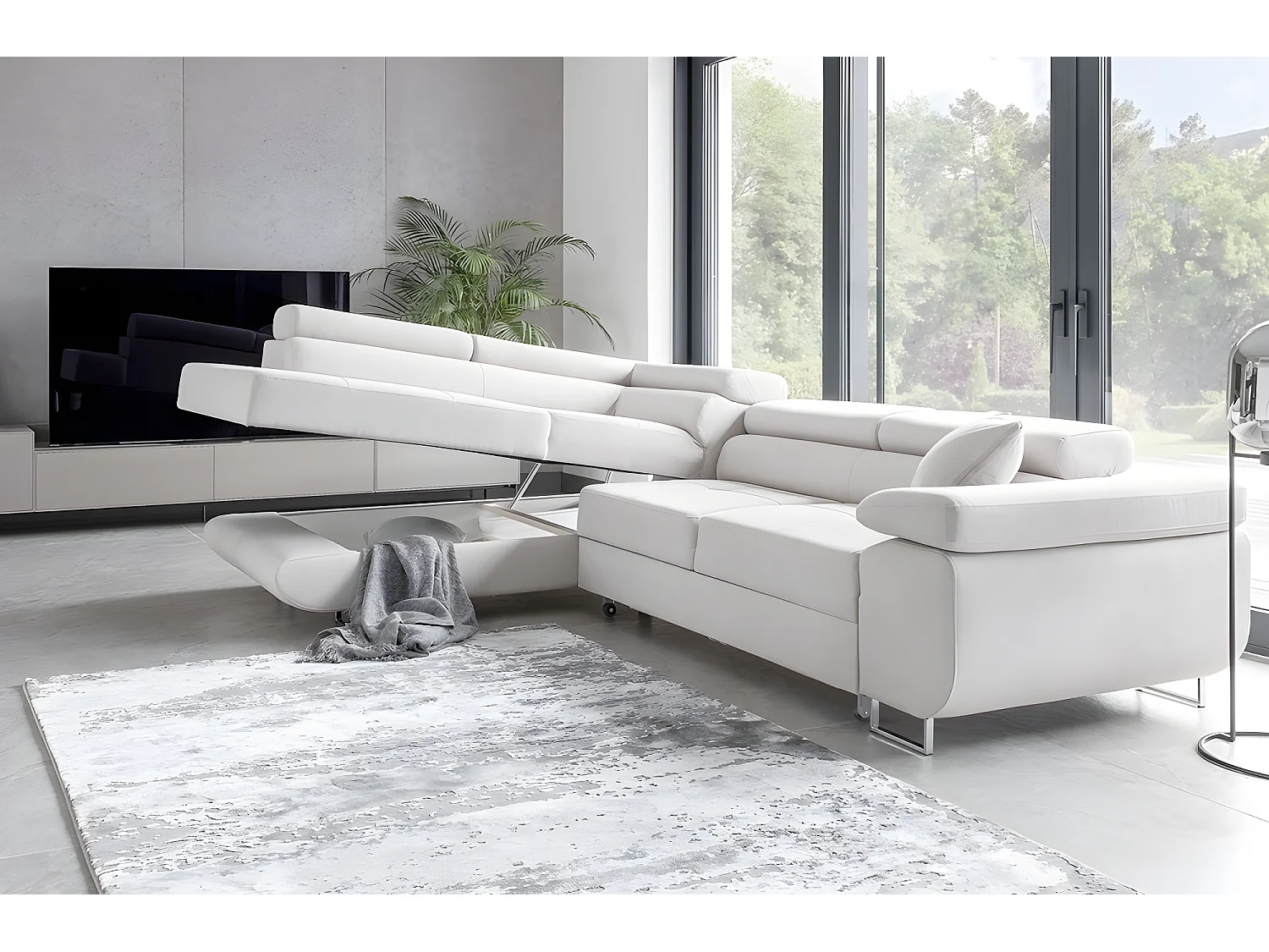 Canapé d'angle convertible en tissu luxe 5 places, avec coffre, blanc, angle gauche (vu de face), ANNECY VELOURS Luxe