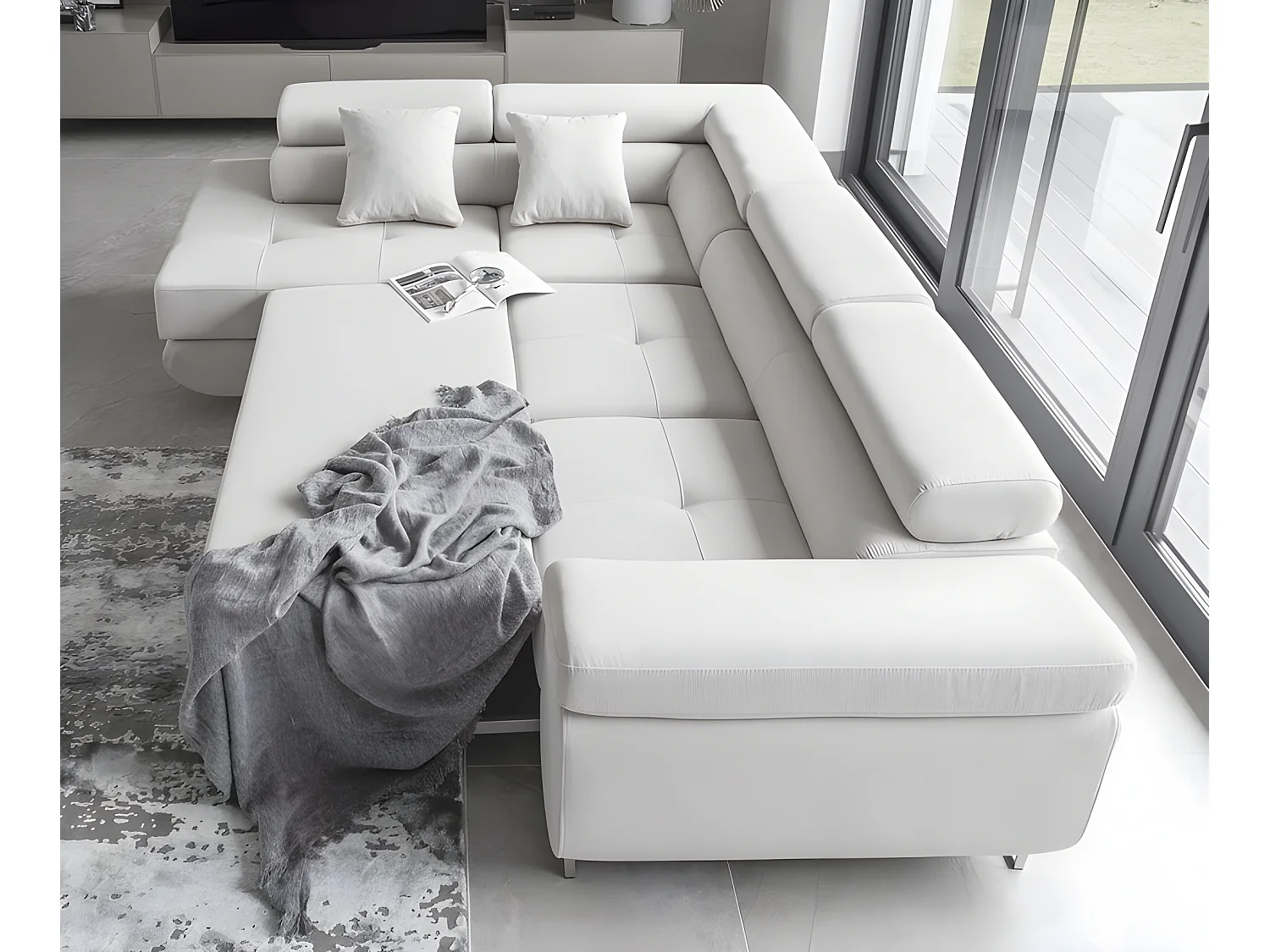 Canapé d'angle convertible en tissu luxe 5 places, avec coffre, blanc, angle gauche (vu de face), ANNECY VELOURS Luxe