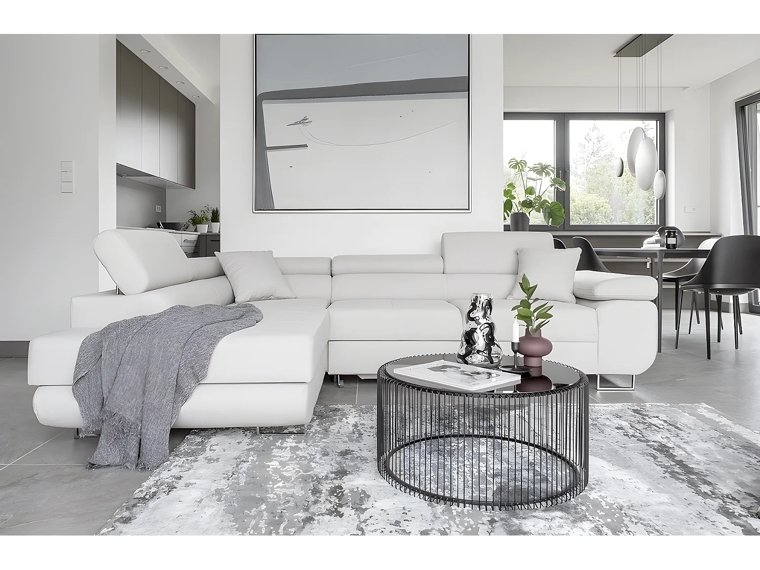 Canapé d'angle convertible en tissu luxe 5 places, avec coffre, blanc, angle gauche (vu de face), ANNECY VELOURS Luxe