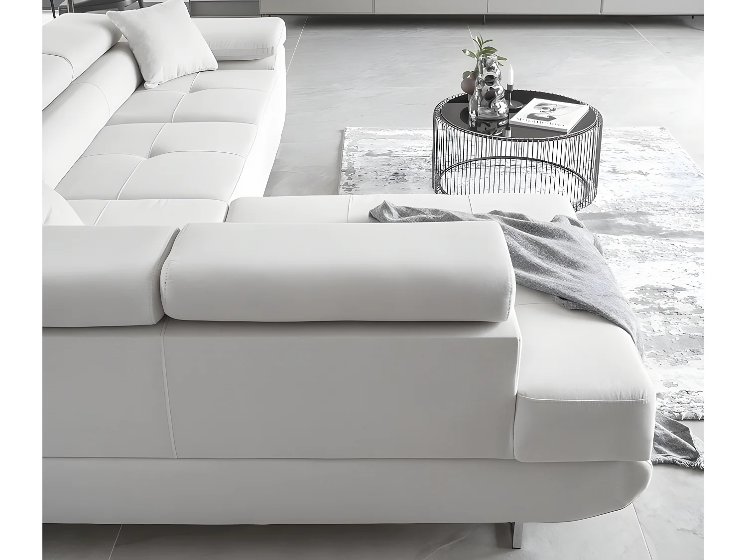 Canapé d'angle convertible en tissu luxe 5 places, avec coffre, blanc, angle gauche (vu de face), ANNECY VELOURS Luxe