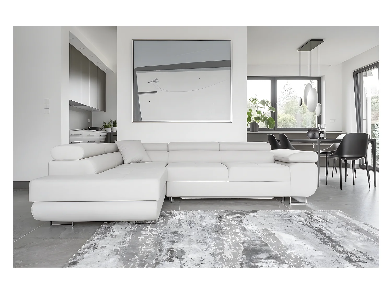 Canapé d'angle convertible en tissu luxe 5 places, avec coffre, blanc, angle gauche (vu de face), ANNECY VELOURS Luxe