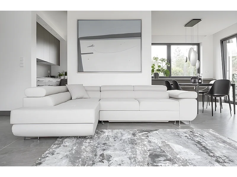 Canapé d'angle convertible en tissu luxe 5 places, avec coffre, blanc, angle gauche (vu de face), ANNECY VELOURS Luxe