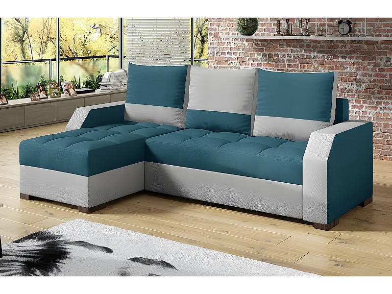 Canapé d'angle convertible - ARTE - en tissu de qualité - turquoise et gris, 3/4 places, angle gauche (vu de face)