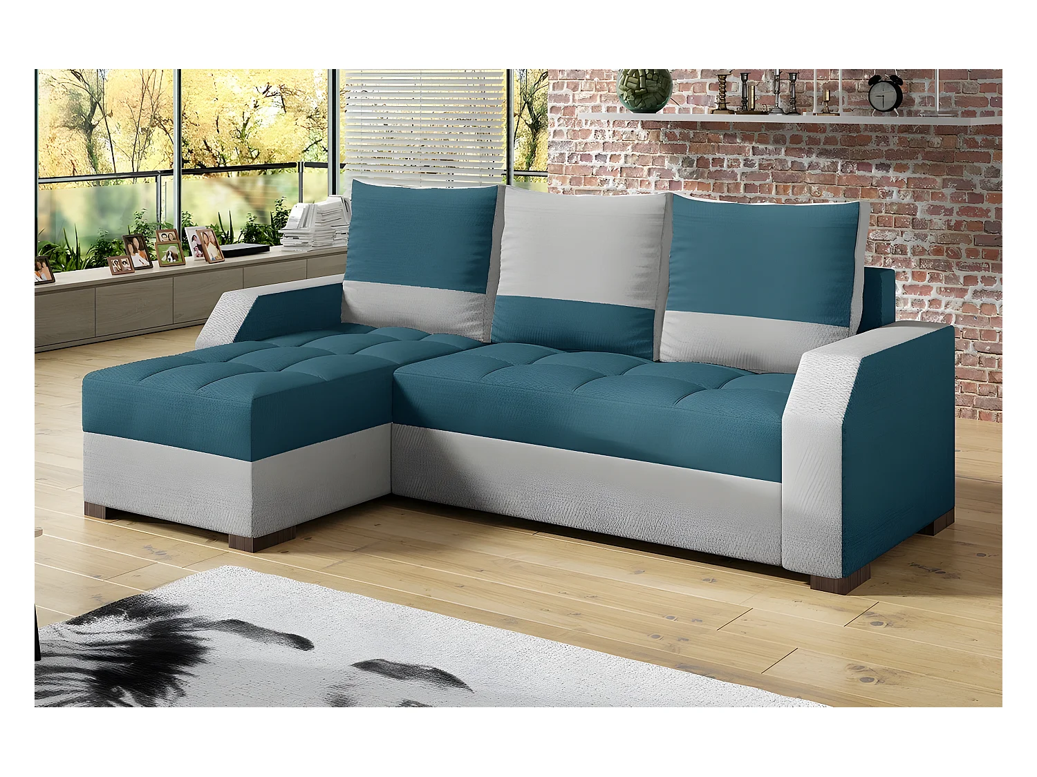 Canapé d'angle convertible - ARTE - en tissu de qualité - turquoise et gris, 3/4 places, angle gauche (vu de face)