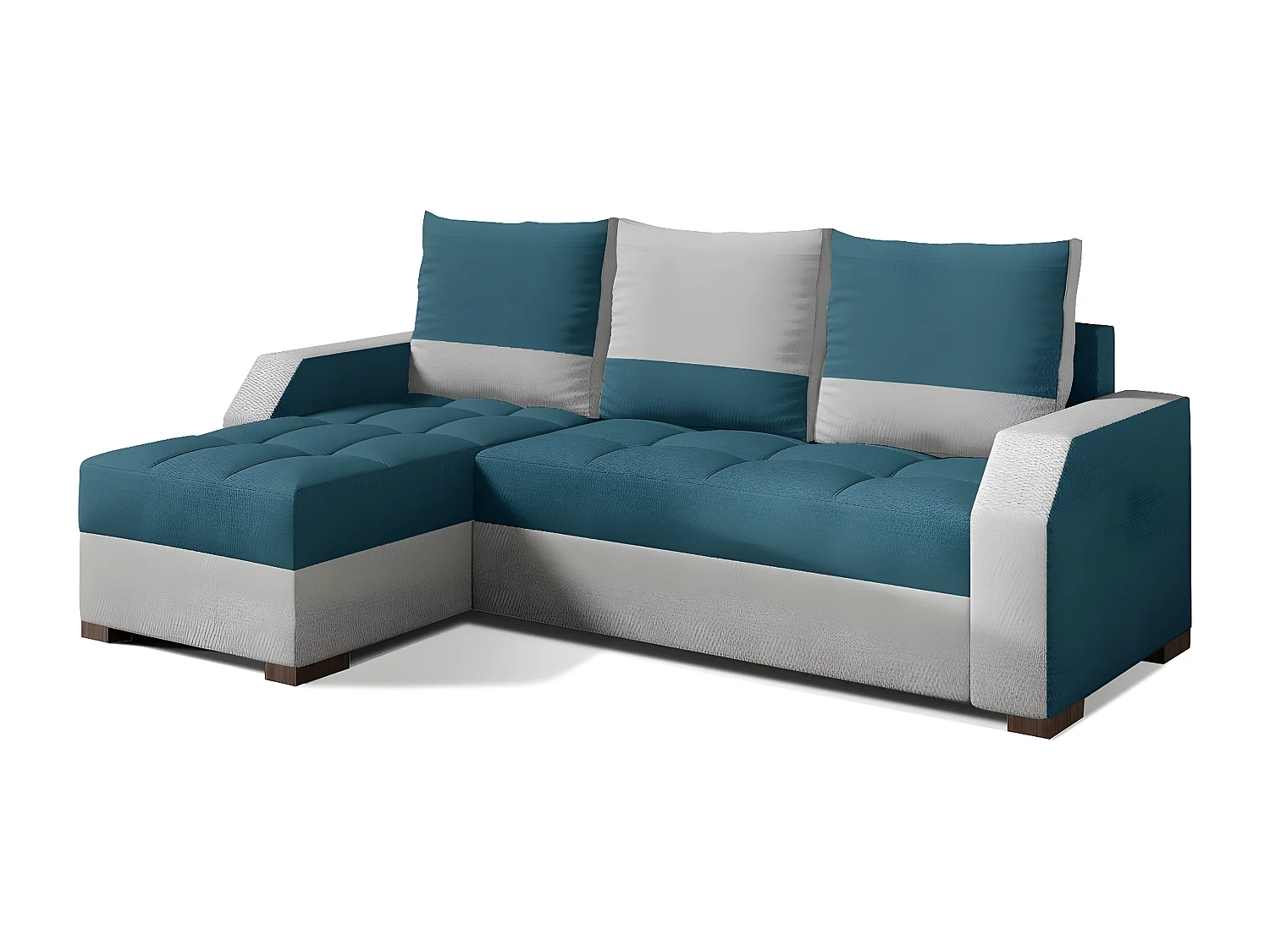 Canapé d'angle convertible - ARTE - en tissu de qualité - turquoise et gris, 3/4 places, angle gauche (vu de face)