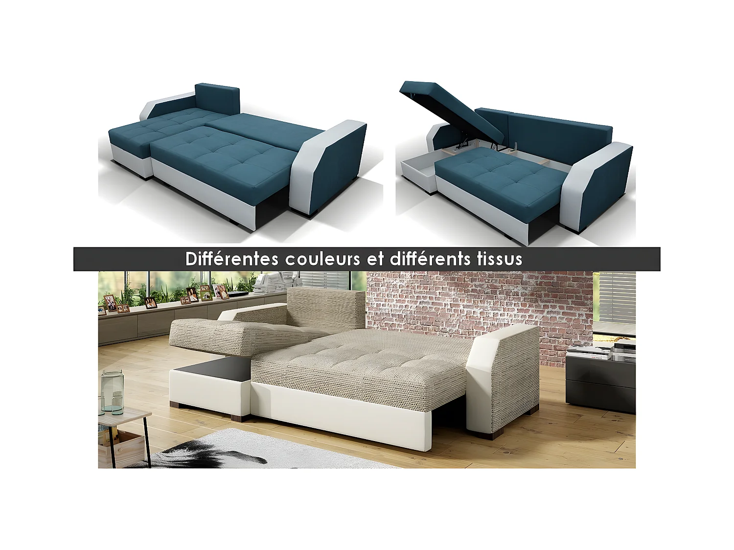 Canapé d'angle convertible - ARTE - en tissu de qualité - turquoise et gris, 3/4 places, angle gauche (vu de face)