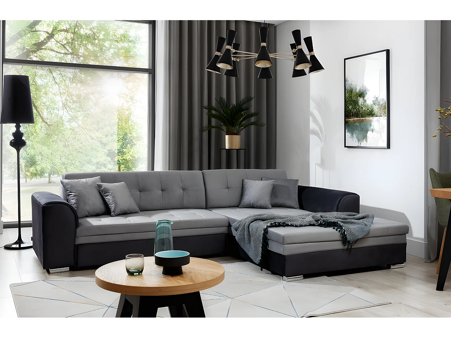 Canapé d'angle convertible en tissu velours gris et noir Luxe, 5 places, angle droit (vu de face), SOHO VELOURS