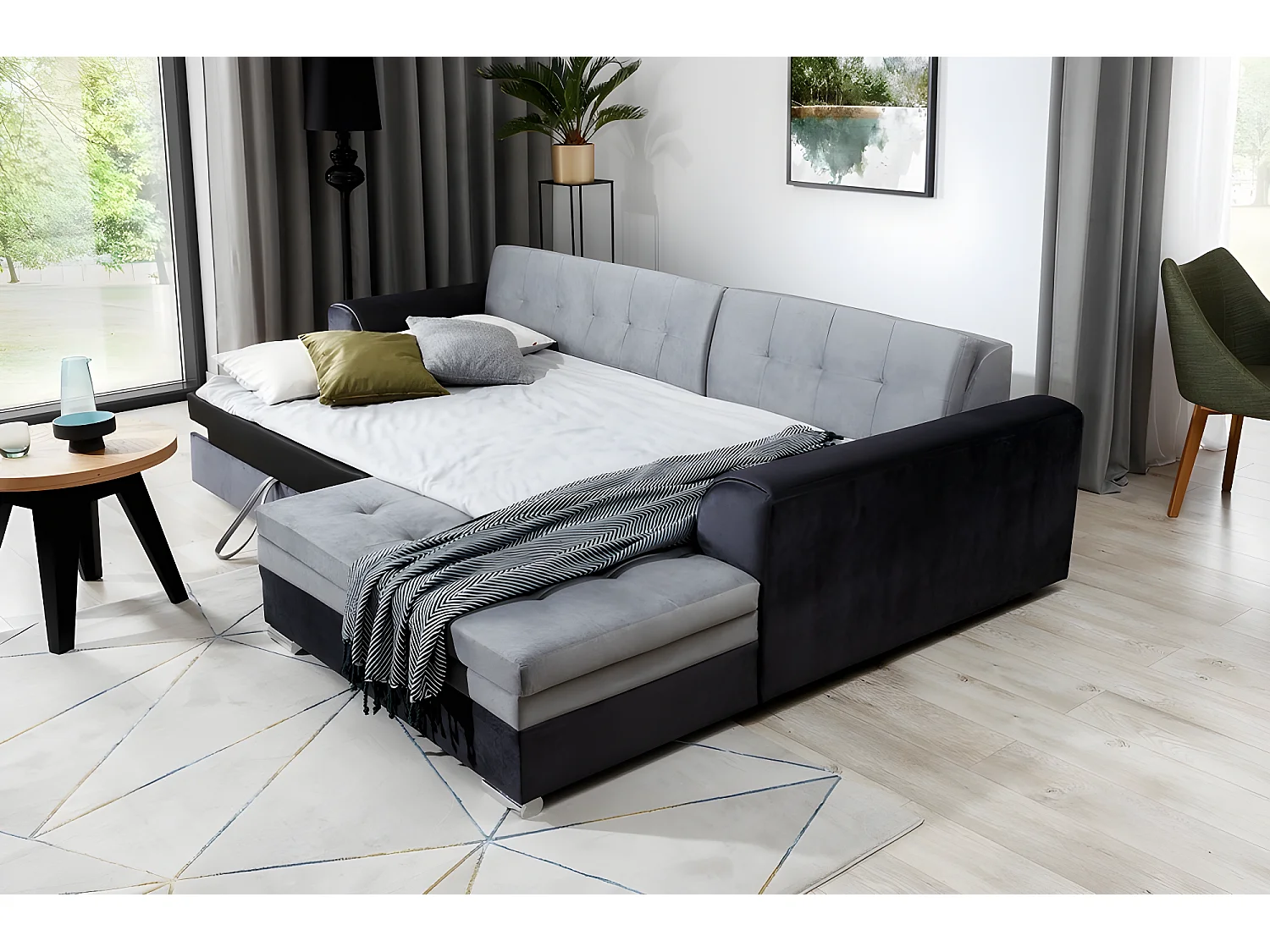 Canapé d'angle convertible en tissu velours gris et noir Luxe, 5 places, angle droit (vu de face), SOHO VELOURS