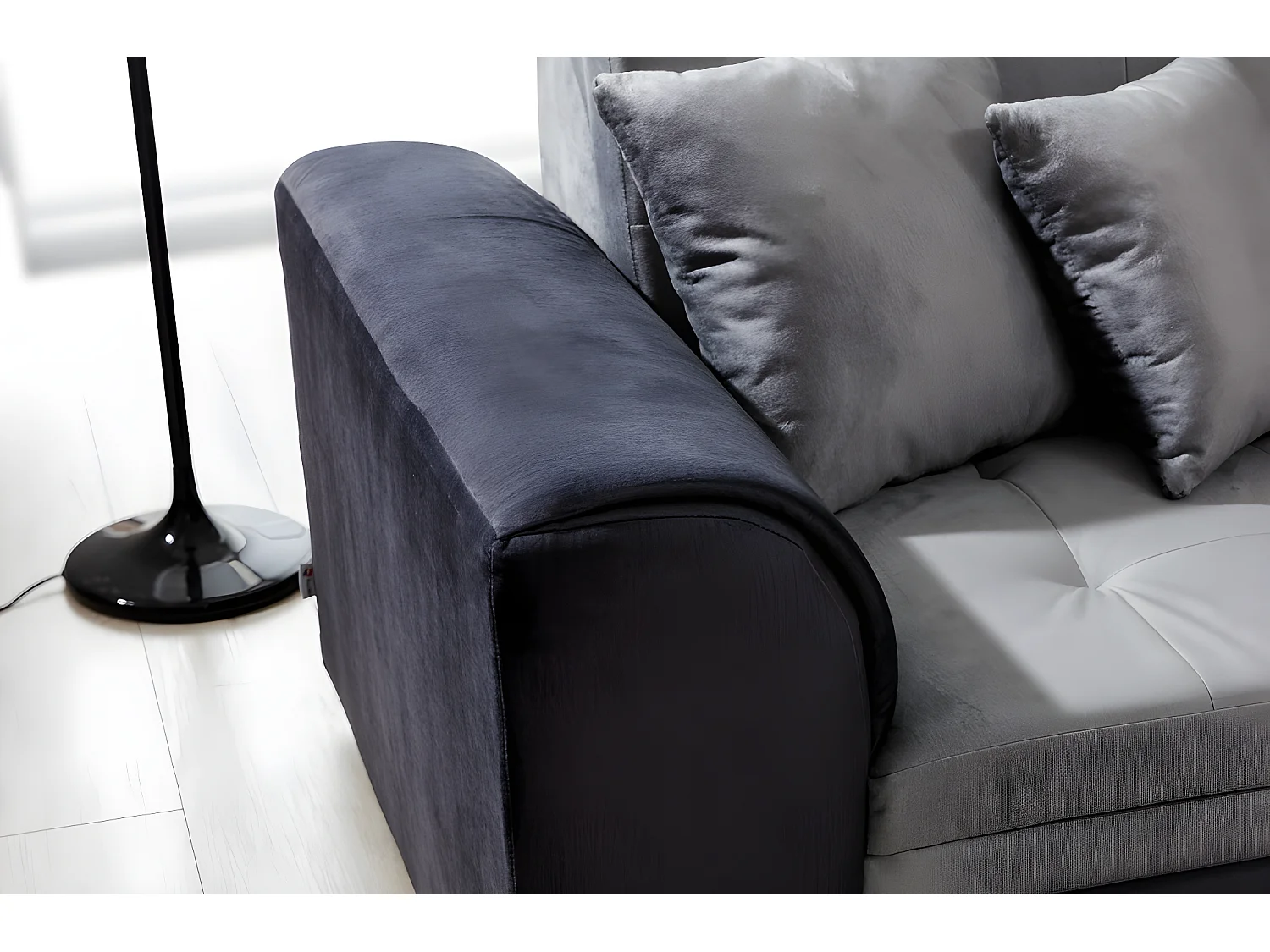 Canapé d'angle convertible en tissu velours gris et noir Luxe, 5 places, angle droit (vu de face), SOHO VELOURS