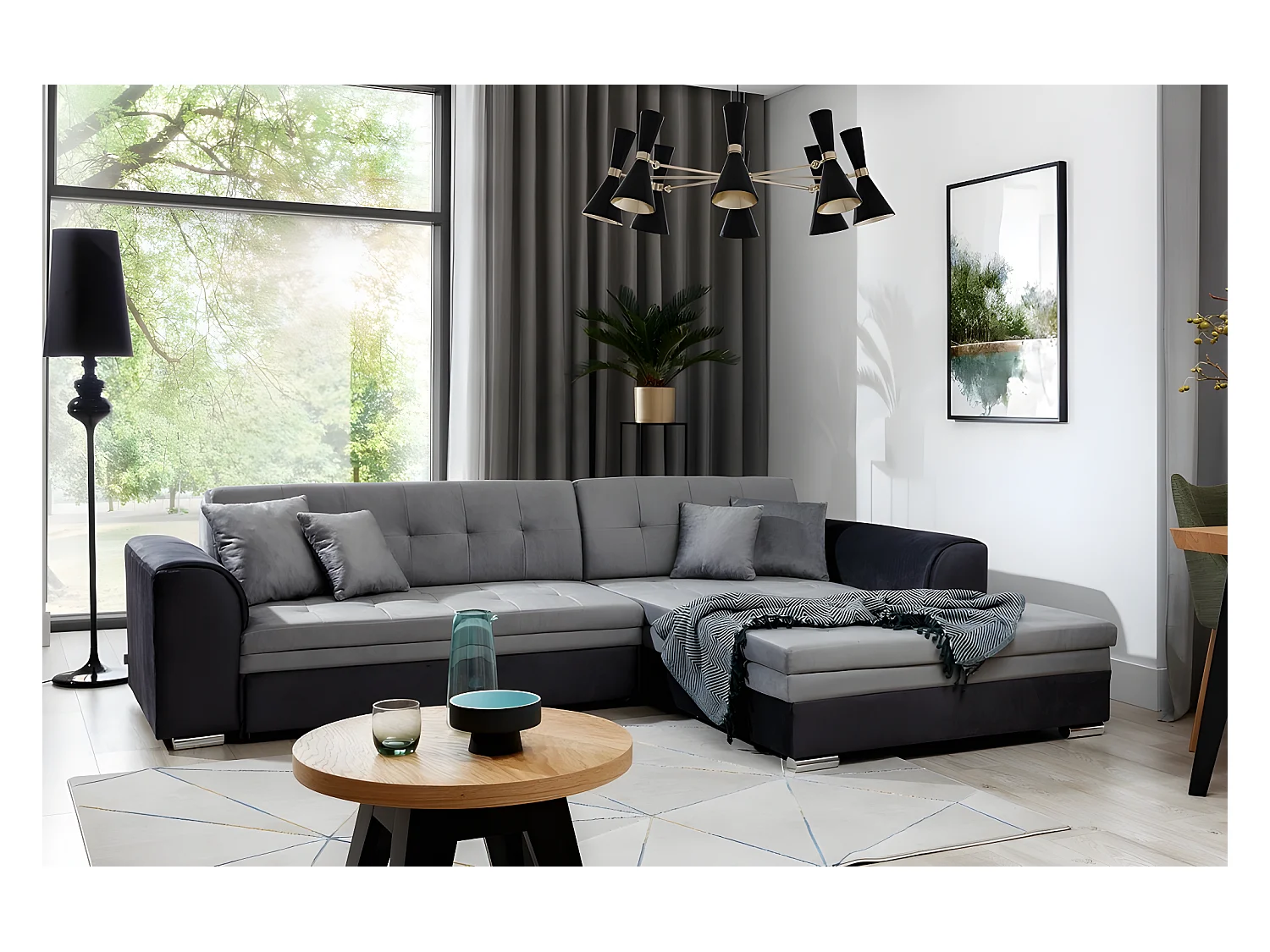 Canapé d'angle convertible en tissu velours gris et noir Luxe, 5 places, angle droit (vu de face), SOHO VELOURS
