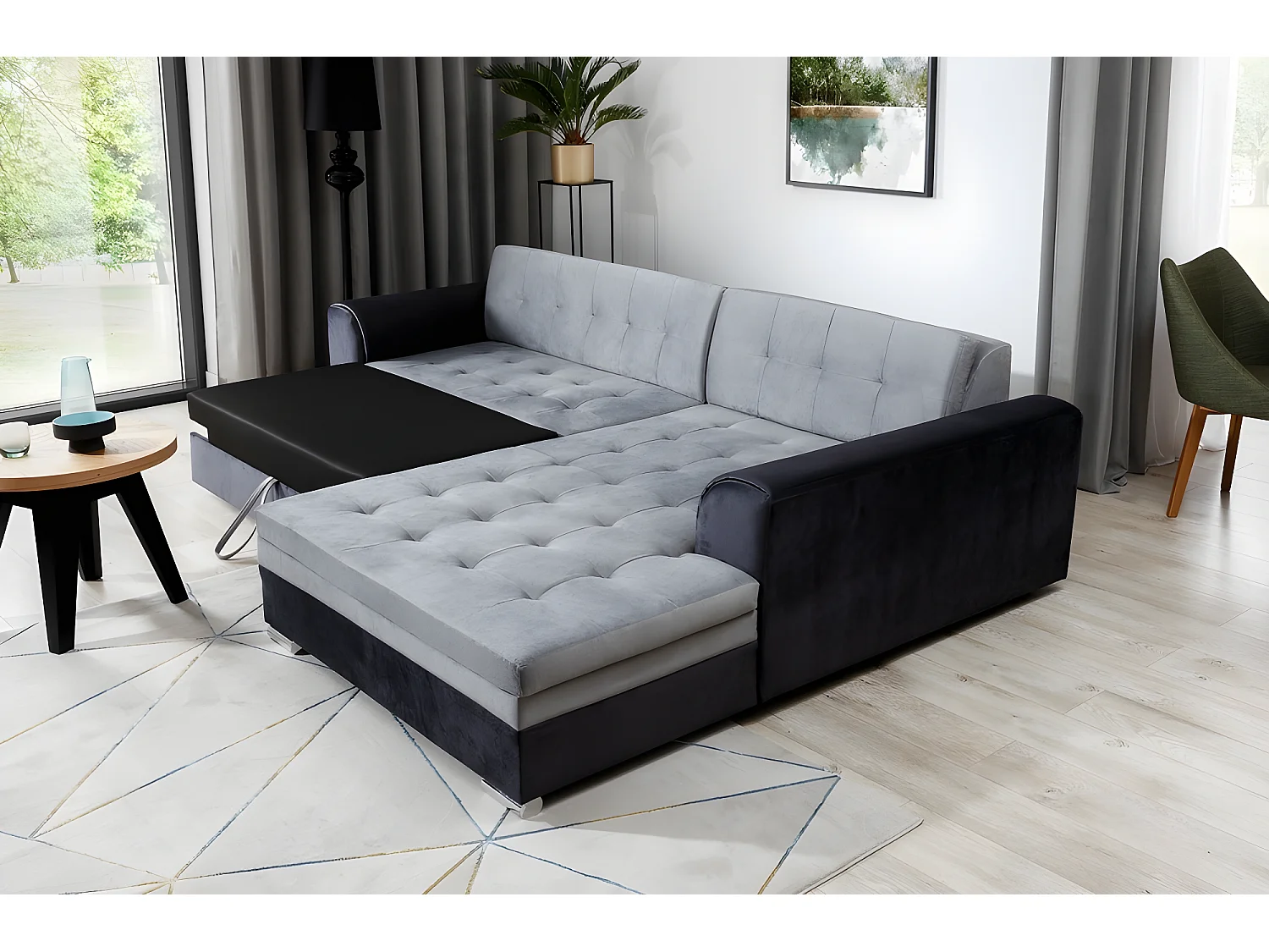 Canapé d'angle convertible en tissu velours gris et noir Luxe, 5 places, angle droit (vu de face), SOHO VELOURS