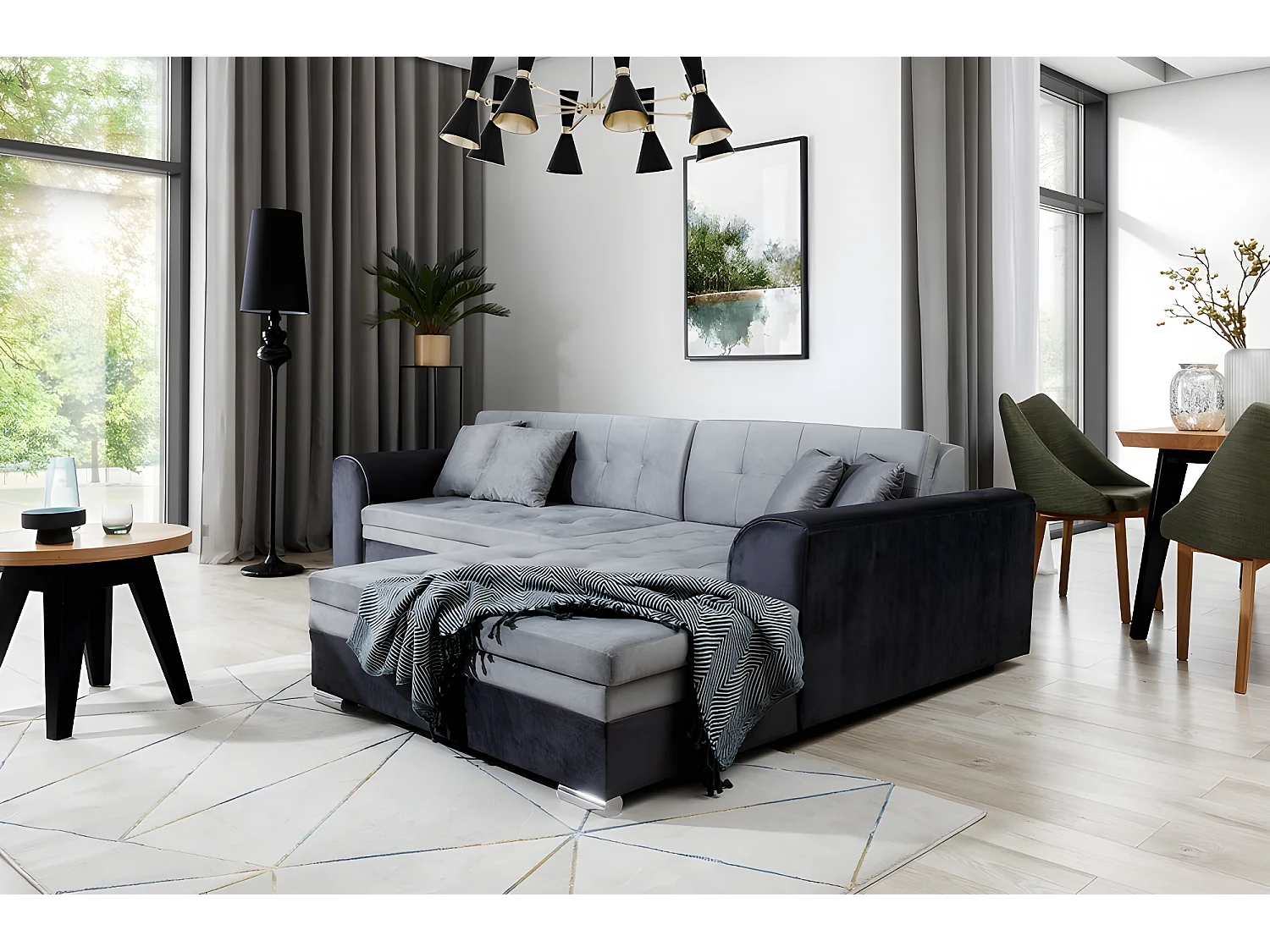 Canapé d'angle convertible en tissu velours gris et noir Luxe, 5 places, angle droit (vu de face), SOHO VELOURS