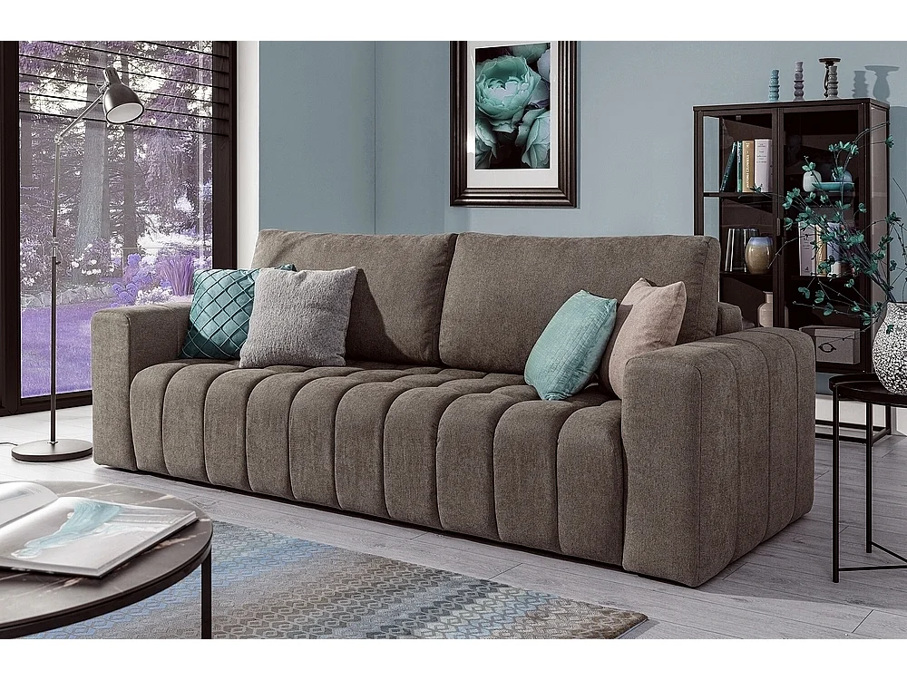 Canapé 3 places convertible et espace de rangement - Marron - en tissu de qualité luxe, LAZIO