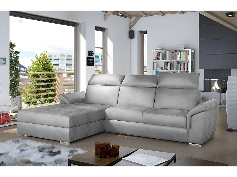 Canapé d'angle convertible en tissu velours Prestige, gris, 5 places, angle gauche (vu de face) - TRESOR