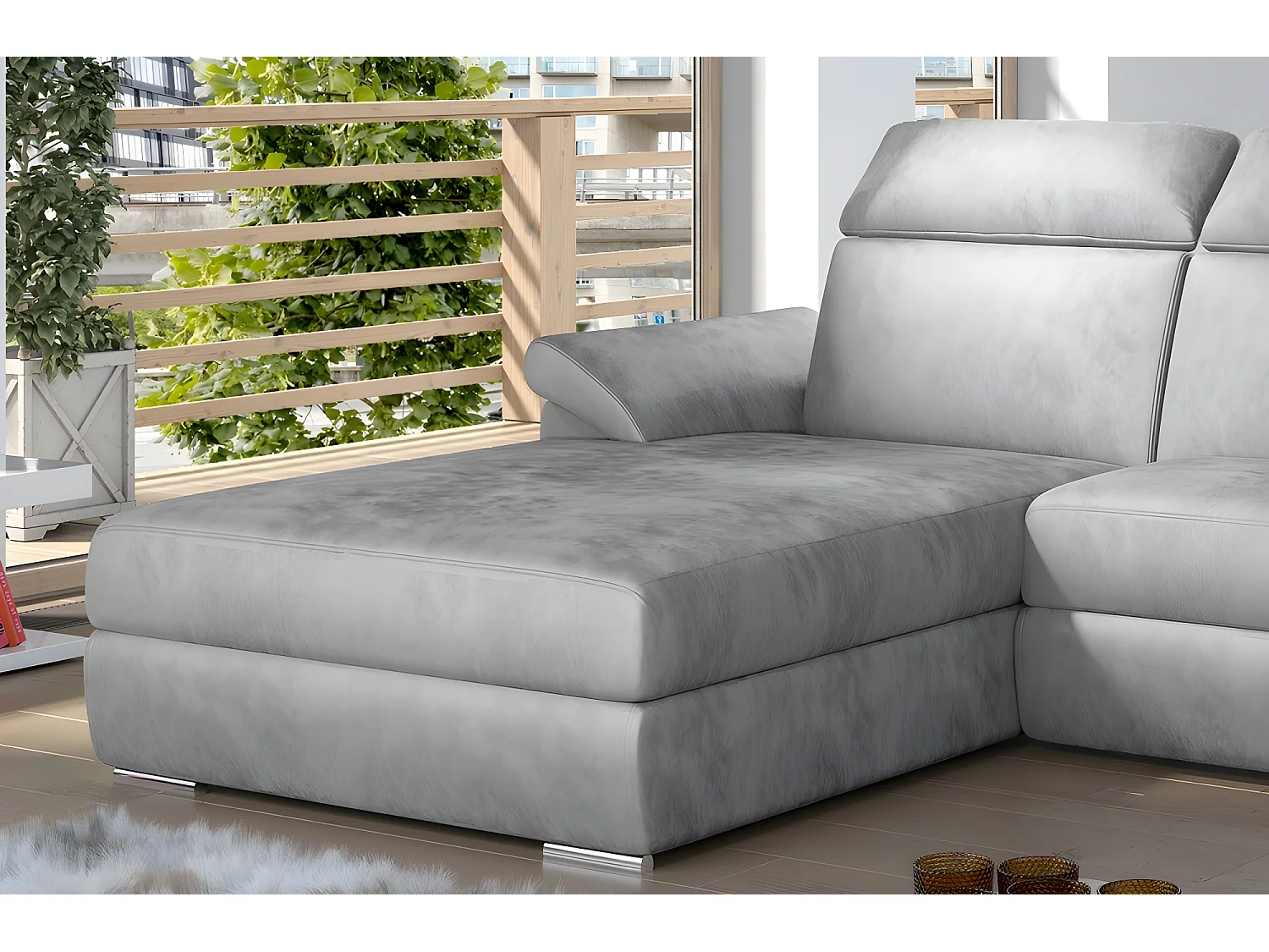 Canapé d'angle convertible en tissu velours Prestige, gris, 5 places, angle gauche (vu de face) - TRESOR