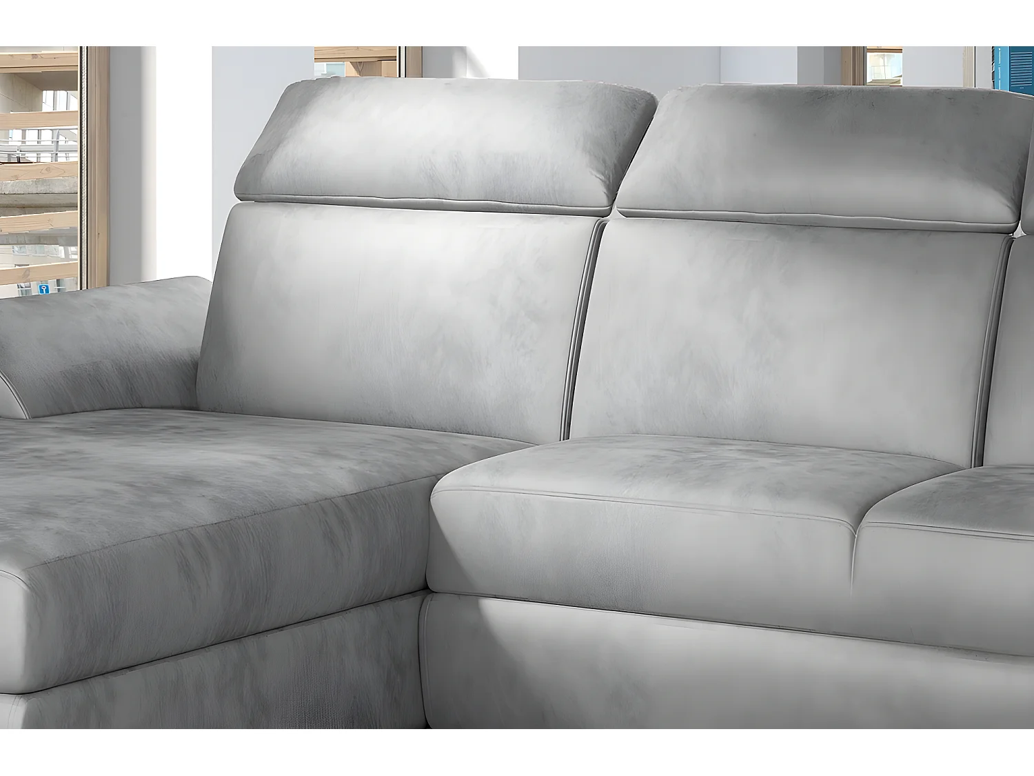 Canapé d'angle convertible en tissu velours Prestige, gris, 5 places, angle gauche (vu de face) - TRESOR